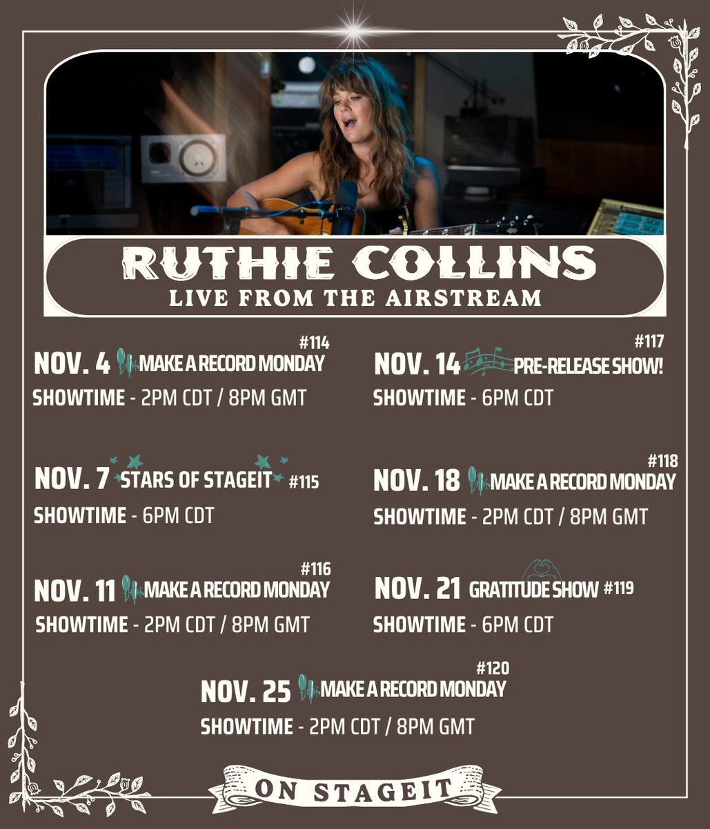 October has flown by, I simply cannot believe I am announcing my shows for November! 😱 Can’t wait to see you on the STAGE!⁠ As always, tickets are Pay What You Can and are available now at StageIt.com/ruthiecollins 💕