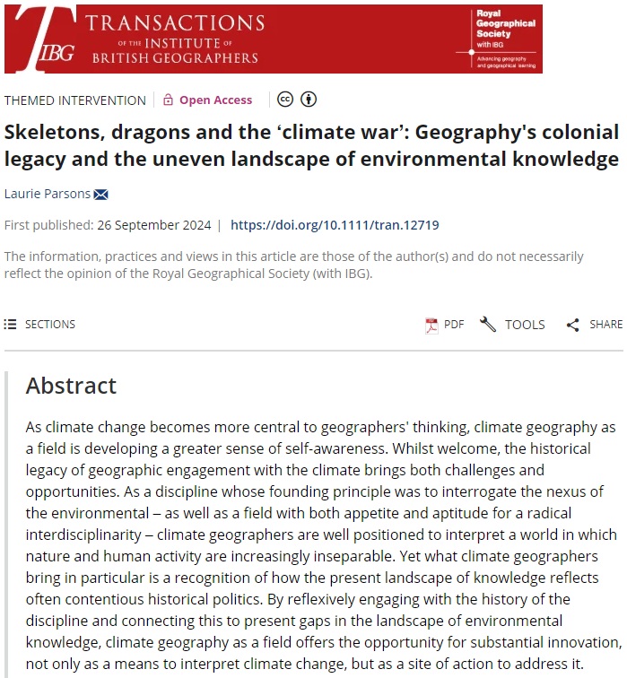 RGS-IBG Higher Ed (@rgs_ibghe) on Twitter photo 5/ Next, <a href="/lauriefdparsons/">Laurie Parsons</a> argues that climate geography as a field offers the opportunity for substantial innovation:
'Skeletons, dragons and the ‘climate war’: Geography's colonial legacy and the uneven landscape of environmental knowledge'. #OpenAccess
doi.org/10.1111/tran.1… 5/ Next, <a href="/lauriefdparsons/">Laurie Parsons</a> argues that climate geography as a field offers the opportunity for substantial innovation:
'Skeletons, dragons and the ‘climate war’: Geography's colonial legacy and the uneven landscape of environmental knowledge'. #OpenAccess
doi.org/10.1111/tran.1…