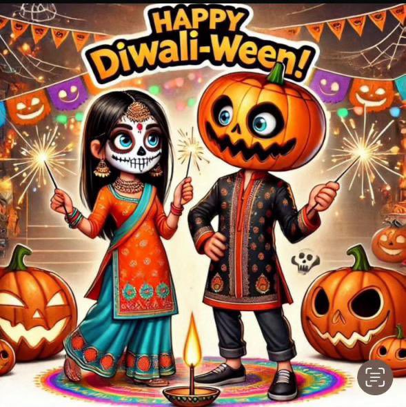 PriyaArdis's tweet photo. Only in the US :) Happy Diwali-ween!! 🪔🎃🪔👻��� #Diwali2024 #halloween2024 https://t.co/PYX3RI71Fx