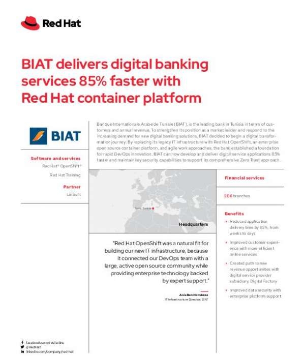 BryTechInc's tweet image. Can a Tunisian bank replace its legacy infrastructure and improve its efficiency? Read this case study to see how BIAT adopted Red Hat OpenShift and reduced application delivery time by 85% with automated provisioning. @RedHat stuf.in/bf7o1w