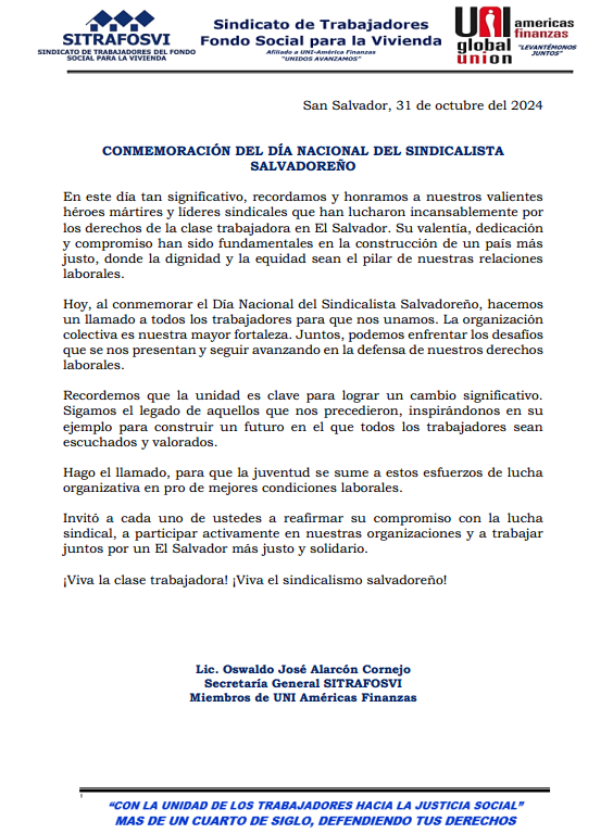 ¡DÍA NACIONAL DEL SINDICALISTA SALVADOREÑO!

<a href="/uniamericas/">UNI Américas</a>
<a href="/SITTOJPrensa/">SITTOJ</a>
<a href="/SITRAMIG1/">SITRAMIG tú Sindicato</a>
<a href="/OIT_AmerCentral/">OIT América Central</a>