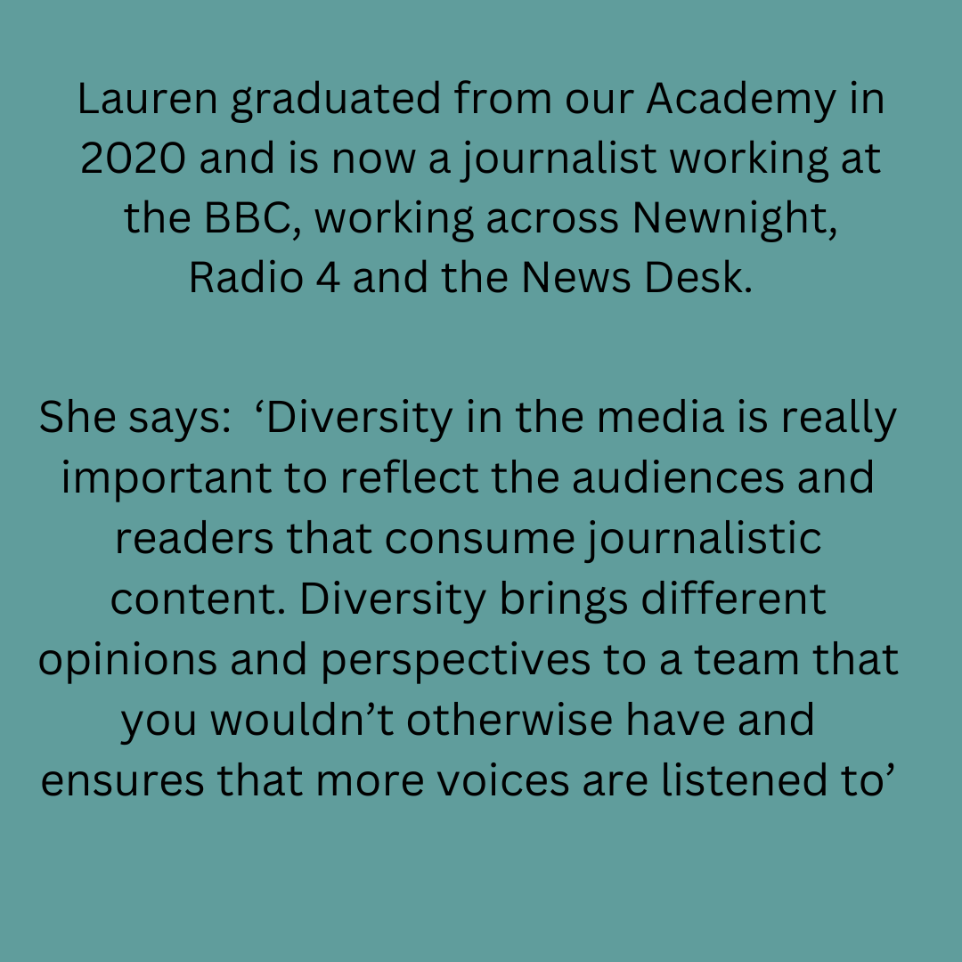 GGMediaUK's tweet photo. 'Diversity in the media is really important to reflect the audiences that consume journalistic content.' Next up in Where are they now?... Lauren McGaun, GGM UK 2020.  Lauren now works at the BBC as a journalist. What an inspiration she is! #femalejournalists #diversityinthemedia https://t.co/Ned6RX0Hx5
