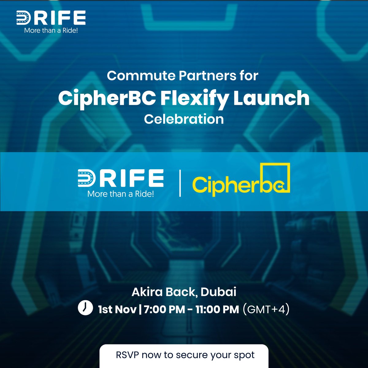 IFActionable's tweet photo. Exciting News!.
DRIFE is proud to partner with @CipherBC for Flexify Launch Celebration!
Join us at #AkiraBackDubai on Nov 1st, 2024.
Use promo code "Flexify" for 20% off DRIFE rides!
Register now: (https://t.co/uQJmyjkFI0)
#DRIFE #CipherBC #Flexify https://t.co/EEumpLZqM9
