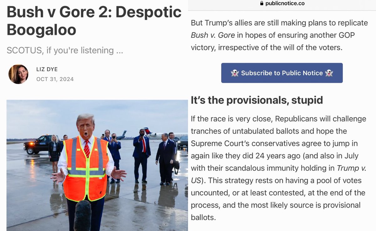PUBLIC NOTICE: “Trump’s allies are making plans to replicate Bush v. Gore…
If it’s close, Republicans will challenge tranches of untabulated ballots and hope Supreme Court conservatives agree to jump in again… most likely provisional ballots.” 🗳️🇺🇸 publicnotice.co/p/trump-provis…