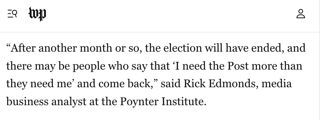 🤣 Magical thinking going on at the Washington Post today. 

A quarter million canceled subscriptions so far.
