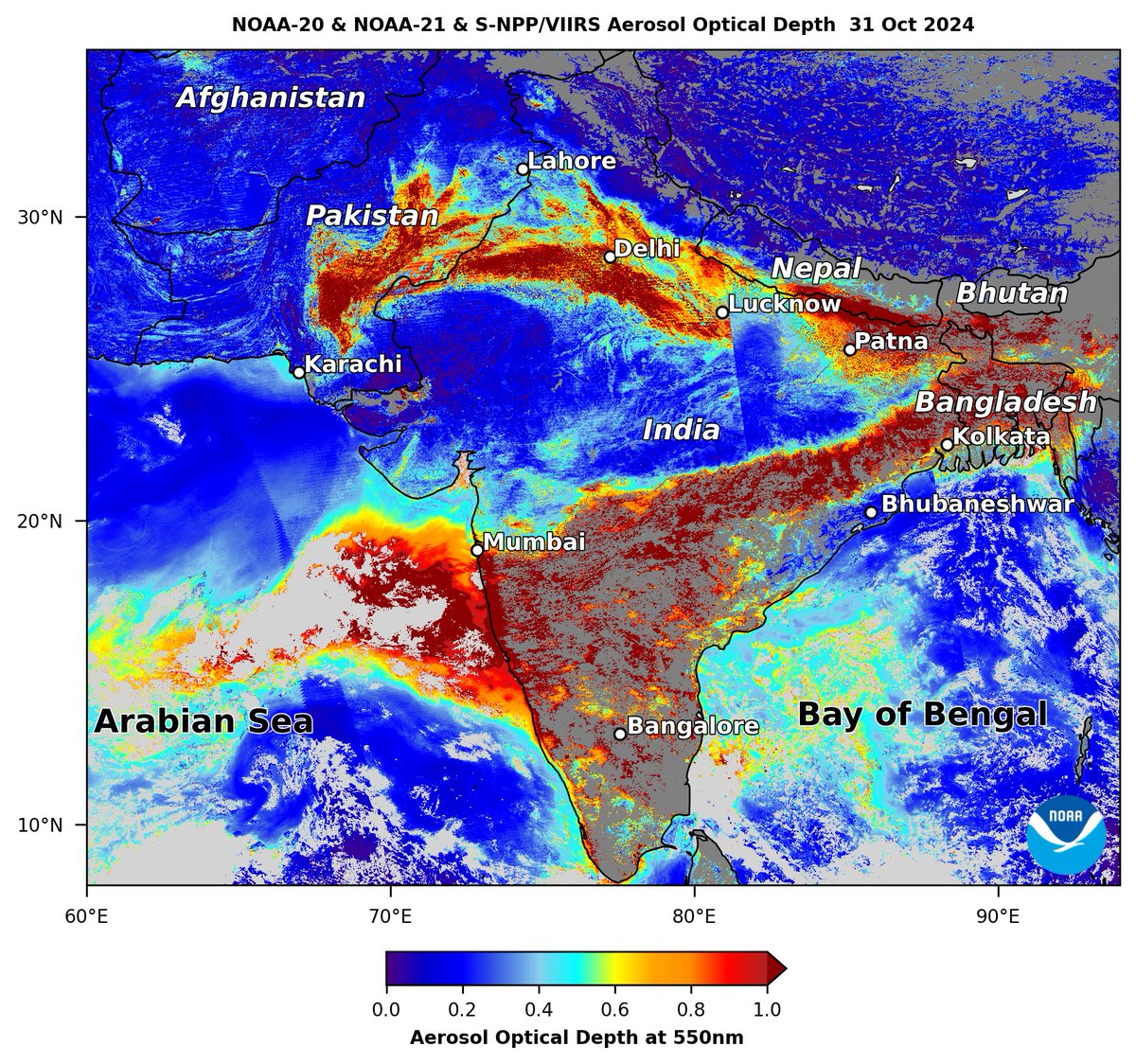 AerosolWatch (@aerosolwatch) on Twitter photo Today 31 Oct is 1st day of #Diwali! Celebrations can exacerbate wintertime #haze in #SouthAsia. <a href="/JPSSProgram/">Joint Polar Satellite System (JPSS)</a> #VIIRS aerosol optical depth shows widespread thick haze (dark red) but conditions along much of #IndoGangeticPlain clearer than recent years. <a href="/pawanpgupta/">Pawan Gupta</a> <a href="/falgunipatadia/">Falguni Patadia</a> Today 31 Oct is 1st day of #Diwali! Celebrations can exacerbate wintertime #haze in #SouthAsia. <a href="/JPSSProgram/">Joint Polar Satellite System (JPSS)</a> #VIIRS aerosol optical depth shows widespread thick haze (dark red) but conditions along much of #IndoGangeticPlain clearer than recent years. <a href="/pawanpgupta/">Pawan Gupta</a> <a href="/falgunipatadia/">Falguni Patadia</a>