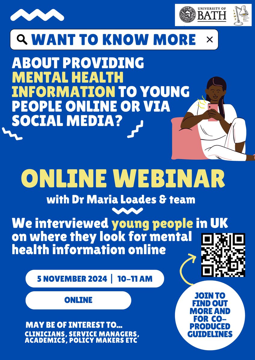LAMPresearchUK's tweet image. Are you interested in providing mental health info online to young people?
@MariaLoades will be presenting our study findings next Tuesday! The webinar will be recorded if you're unable to attend, SIGN UP and we can share the recording with you!
✍️➡️tinyurl.com/2s3as5ux