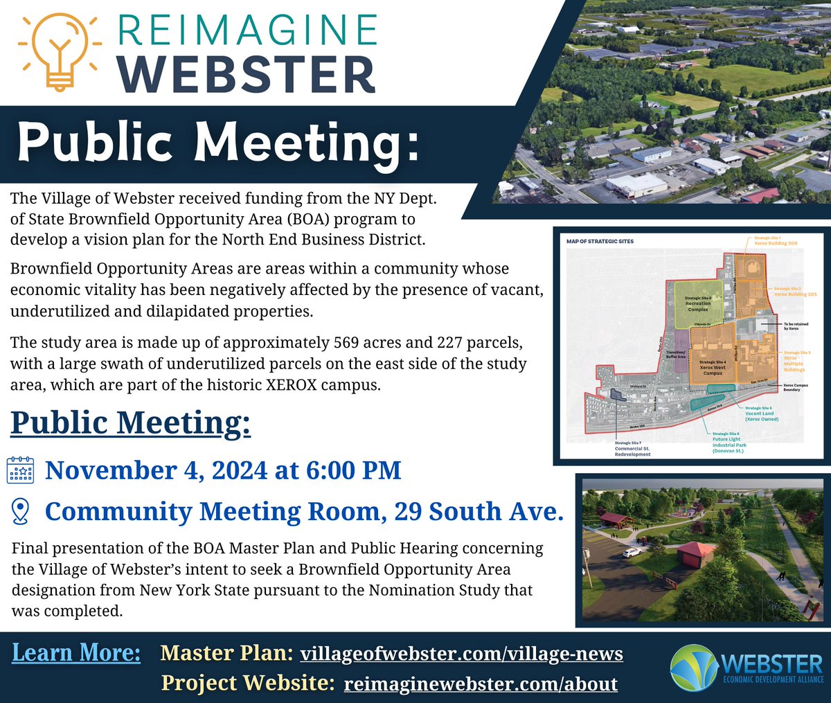 Join us on Monday for a public meeting regarding the New York State Brownfield Opportunities Area Program for our Village. 
To read the Reimagine Webster Nomination Study: villageofwebster.com/uploads/1/4/9/…
Reimagine Website: reimaginewebster.com
