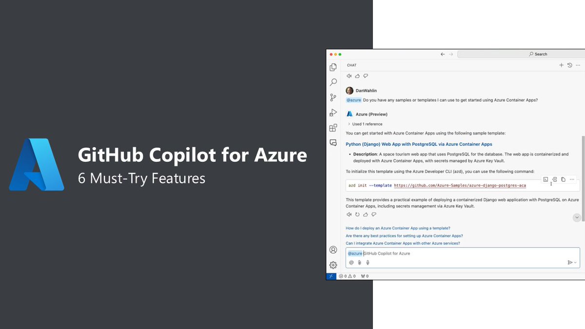 Dan Wahlin (@danwahlin) on Twitter photo ⭐️Why jump between browser tabs when you can stay in #VSCode? GitHub Copilot for Azure brings AI support to discover & manage resources, deploy apps, work with AI models & much more in one place. 🚀
Learn about 6 great features every dev can use!
📘Blog: aka.ms/ghcopilot-azur… ⭐️Why jump between browser tabs when you can stay in #VSCode? GitHub Copilot for Azure brings AI support to discover & manage resources, deploy apps, work with AI models & much more in one place. 🚀
Learn about 6 great features every dev can use!
📘Blog: aka.ms/ghcopilot-azur…