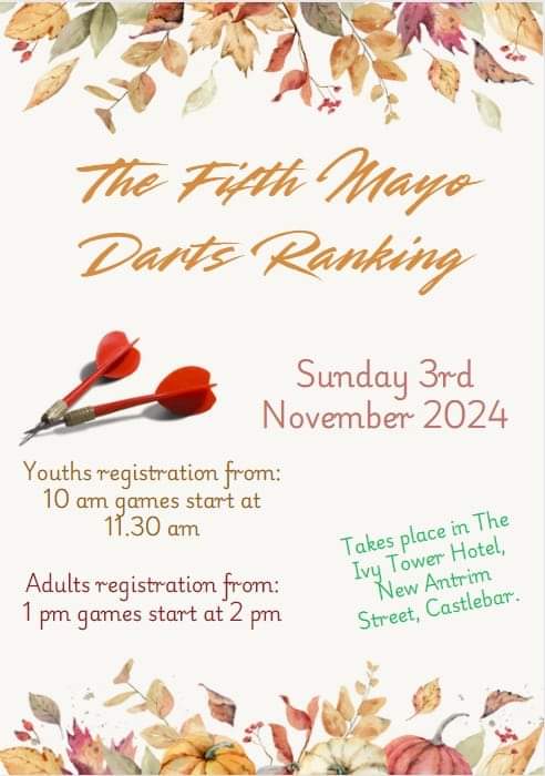 Mayo Darts Organisation (@mayodartsorg) on Twitter photo Our penultimate rankings take place this Sunday 3rd Nov <a href="/ivytowerhotel/">Ivy Tower Hotel</a> in Castlebar. Youths registration from 10am and Ladies/men from 1pm.๐ฏ๐ฏ๐ฏ๐ฏ #MayoDartsorg #MayoDarts #DARTS #RANKINGS Our penultimate rankings take place this Sunday 3rd Nov <a href="/ivytowerhotel/">Ivy Tower Hotel</a> in Castlebar. Youths registration from 10am and Ladies/men from 1pm.๐ฏ๐ฏ๐ฏ๐ฏ #MayoDartsorg #MayoDarts #DARTS #RANKINGS