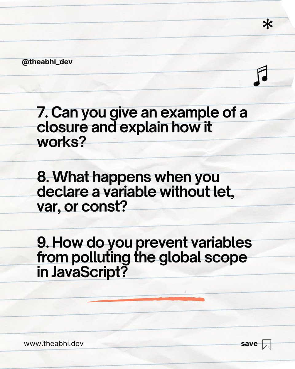 theabhi_dev's tweet image. "Boost your JavaScript knowledge with these interview-ready questions on functions, scope, and closures! Essential topics for understanding code organization. #JavaScriptInterview #Functions #Scope #Closures #75DaysMERNChallenge #MERN
