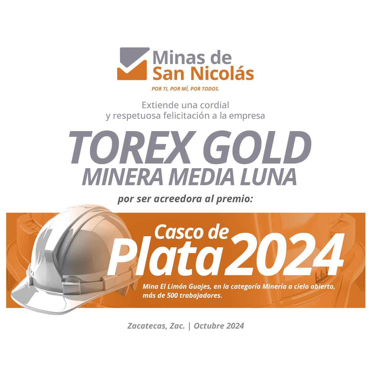 MDSNMexico's tweet photo. #MDSN Felicita a todo el equipo de Minera Media Luna @TorexGold por haber sido acreedor al premio Casco de Plata 2024 #Dialoguemos #MineríaResponsable https://t.co/XoZSItxxmw