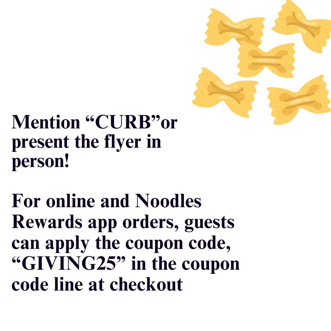 curbmag's tweet photo. Curb is excited to share that we will be fundraising with Noodles &amp; Company Nov. 6 from 4 to 8 p.m. When ordering in-person guests must mention "CURB" or present the flyer upon placing your order prior to paying. For online and Noodles Rewards app orders, use code, “GIVING25.” https://t.co/Oa4ctO9P6C