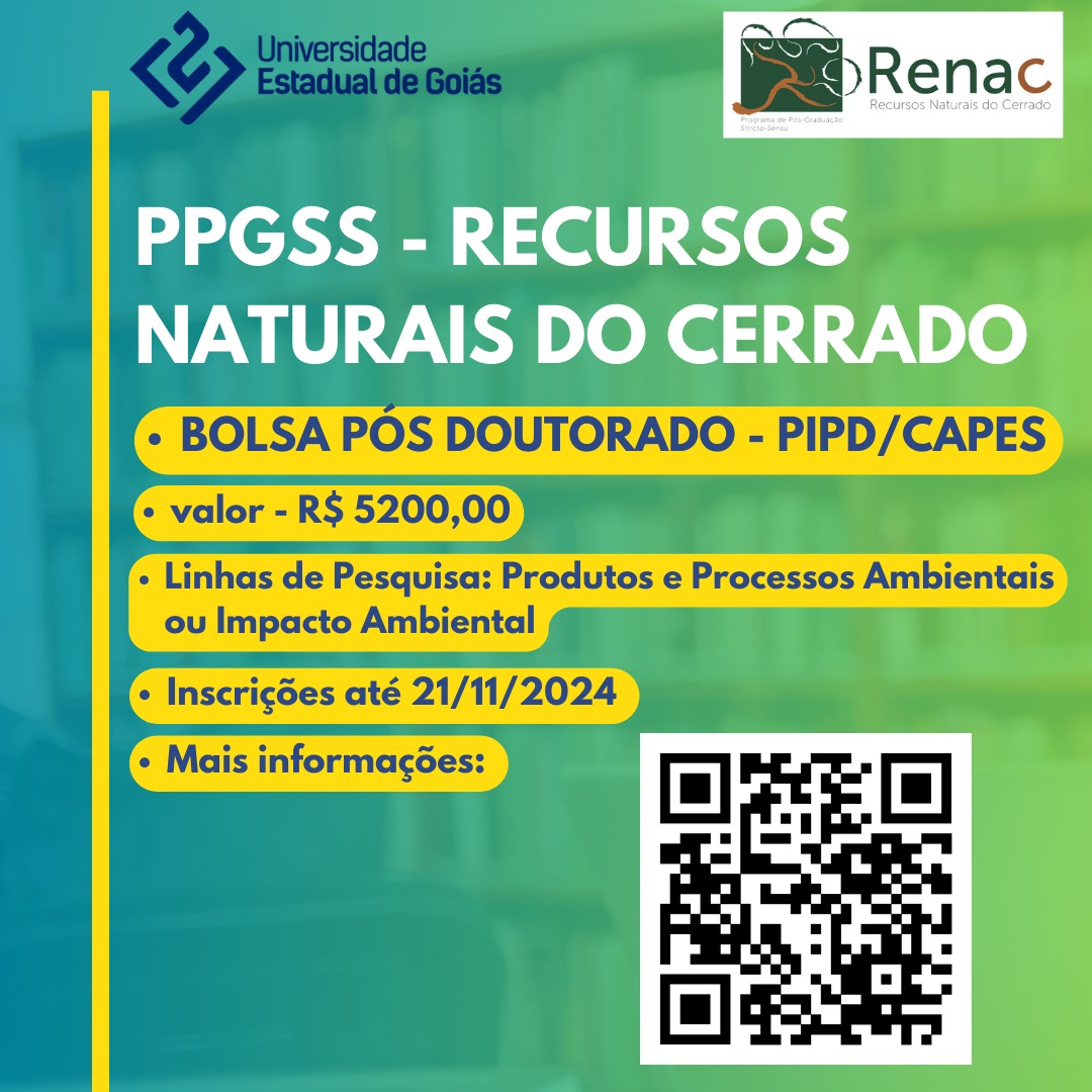 EvertonTizo's tweet photo. Oportunidade de Pós-Doutoramento 
Programa de Pós-graduação em Recursos Naturais do Cerrado 
Universidade Estadual de Goiás 
Inscrições até dia 21/11
Modalidade CAPES PIPD https://t.co/Y3S5BmuZvZ