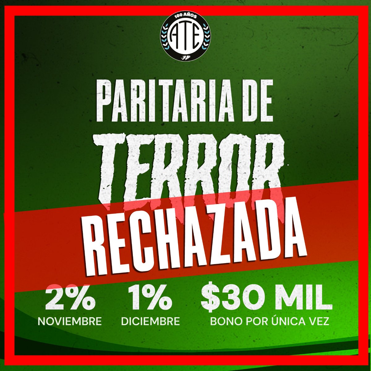 ÚLTIMO MOMENTO!!
ATE RECHAZÓ LA MISERABLE PARITARIA DE 2% EN NOVIEMBRE Y 1% EN DICIEMBRE!!

ES UN NUEVO CAPÍTULO EN LA HISTORIA DE TERROR QUE VIVIMOS LOS ESTATALES!!

Esta paritaria fue un nuevo capítulo en la historia de terror que viven los estatales desde el 10 de diciembre.