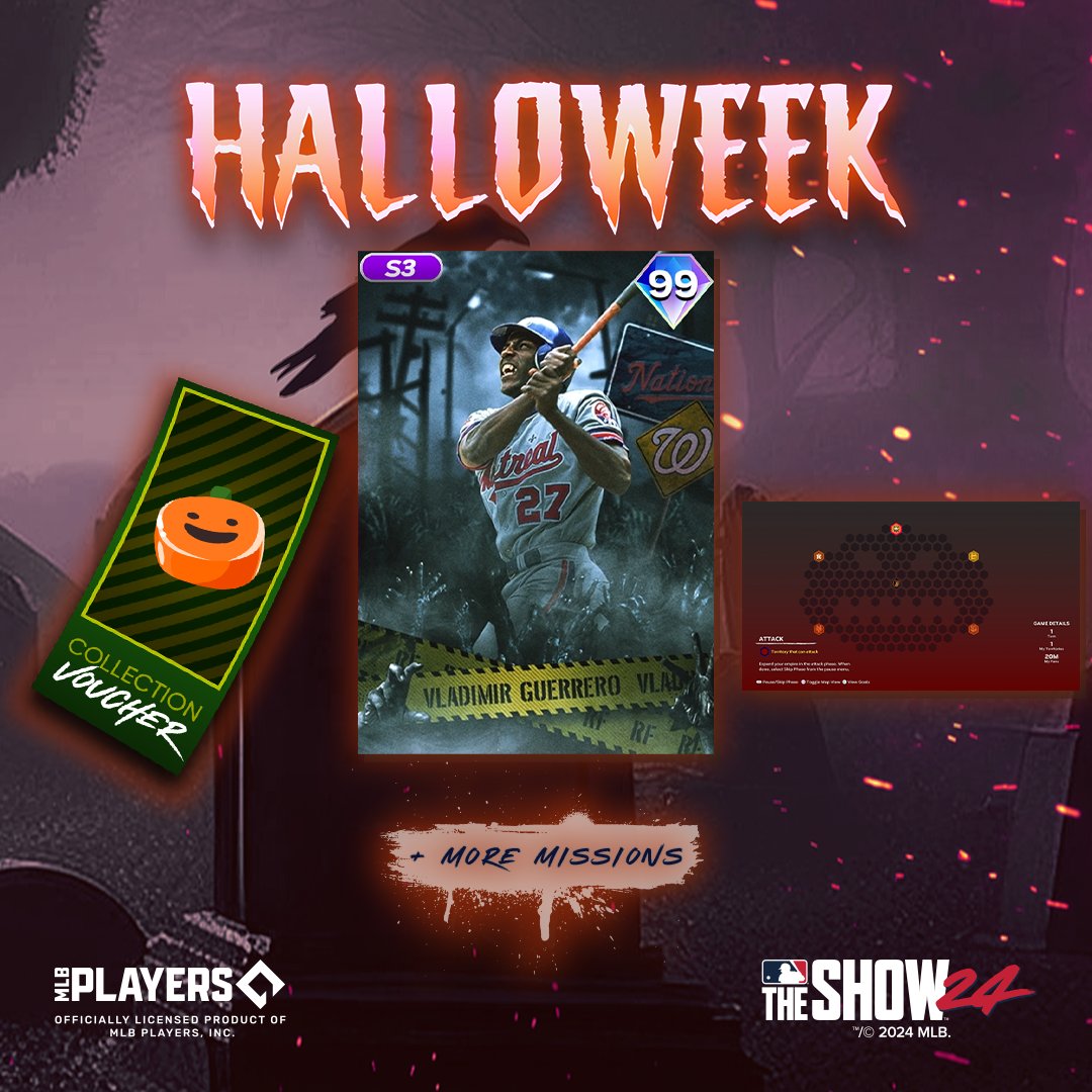 MLBTheShow's tweet image. 🍬 Trick or treat? How about both! 🎃

Earn Vladimir Guerrero in the #Halloweek Program!

Available today at noon PT. 
Get ready for a spooktacular time!

#MLBTheShow