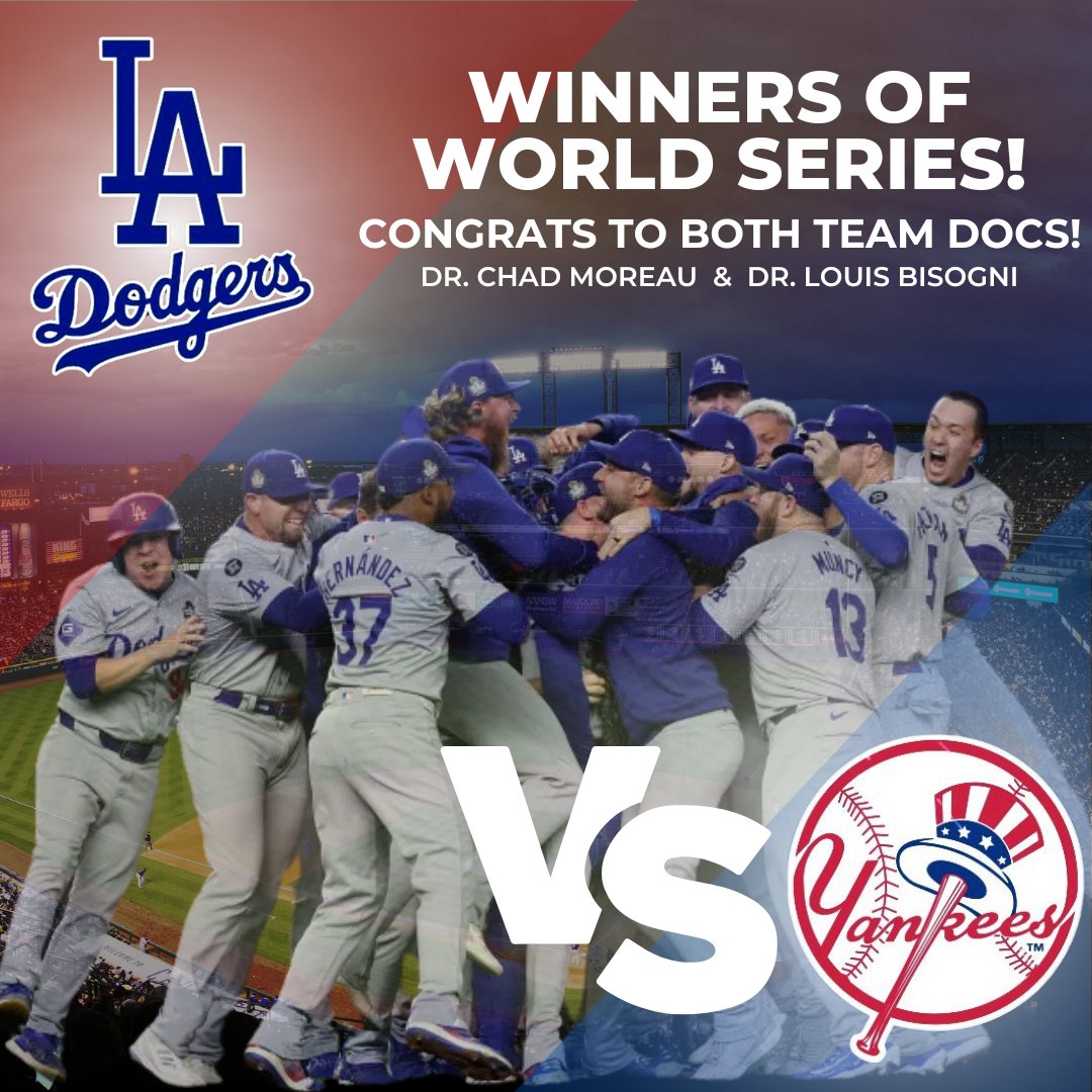 BaseballChiros's tweet photo. CHAMPIONS ALERT! The Los Angeles Dodgers clinched the 2024 World Series with a spectacular 4-1 series win over the New York Yankees! 

A massive shout out to the unsung heroes behind the scenes, Dr. Chad Moreau and Dr. Louis Bisogni, who worked tirelessly all season!

#PBCS https://t.co/4nFOFeoZHw