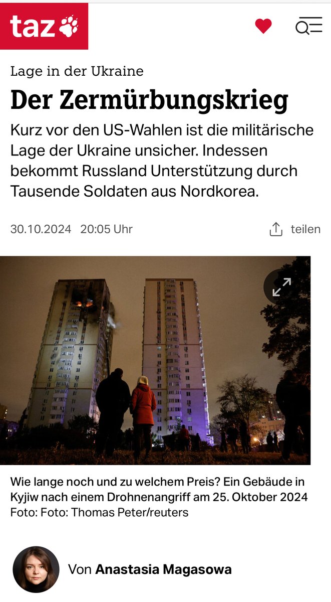 a_magazova's tweet photo. "Der Krieg dauert nun schon sehr lange und die Erschöpfung fordert ihren Tribut".
Die letzten zwei Wochen habe ich in der Ukraine verbracht, eine davon in den Kriegsgebieten. Die Reportagen kommen noch, aber eine Analyse der Lage kann man heute schon in der @tazgezwitscher lesen. 
Für eine fundierte Analyse der militärischen und politischen Details des Krieges ist in den Medien leider immer weniger Platz. Ich habe mir viel Mühe gegeben, (fast) alles sehr genau einzuordnen, also bitte hier entlang 👉 https://t.co/0MDEsMYDKQ