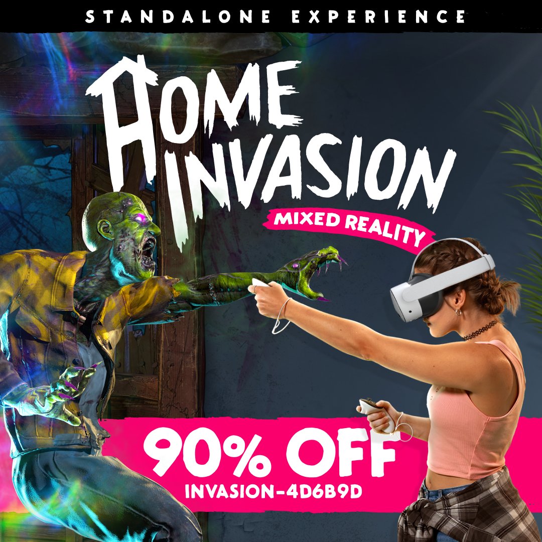 DropdeadVR's tweet photo. 🎃 Halloween Surprise Drop! 🎃

Standalone Home Invasion is now live on the Meta Quest Store!

This Halloween, bring a spine-chilling horde right into your home on Meta Quest 2 and Meta Quest 3... if you dare. 😱

👻 Special Halloween Deal: 90% OFF for today only!

Redeem here: https://t.co/9onNkSqna5
Promo Code: INVASION-4D6B9D

#MetaQuest3s #MetaQuest3
