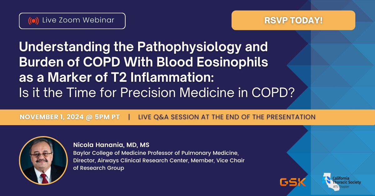 RespComp's tweet photo. Join CTS &amp; GSK at tomorrow's educational webinar &amp; LIVE Q&amp;A on November 1st @ 5pm PT.⁣⁣ 🔗 https://t.co/CQz5sLl6vC

This is a non-CME event.

Developed by the California Thoracic Society in collaboration with GSK. https://t.co/42clGmmZ6j