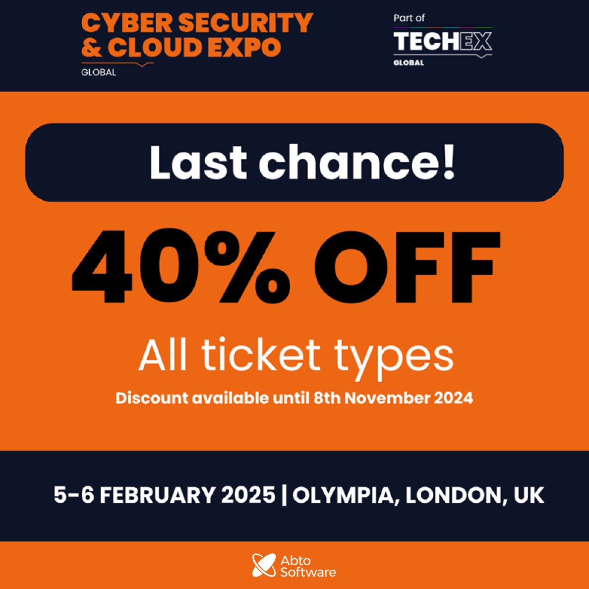 Abto Software (@abtosoftware) on Twitter photo Last chance to save 40% on paid passes for <a href="/CyberSec_Expo/">The Cyber Security & Cloud Expo</a> Global! Join Abto Software on 5-6 Feb 2025 at Olympia London. Offer ends 8th Nov 2024! Hear from speakers from Citi, L'Oreal, Airbus, Allianz, Swissport PepsiCo, and more.
Details: cybersecuritycloudexpo.com/global/ Last chance to save 40% on paid passes for <a href="/CyberSec_Expo/">The Cyber Security & Cloud Expo</a> Global! Join Abto Software on 5-6 Feb 2025 at Olympia London. Offer ends 8th Nov 2024! Hear from speakers from Citi, L'Oreal, Airbus, Allianz, Swissport PepsiCo, and more.
Details: cybersecuritycloudexpo.com/global/