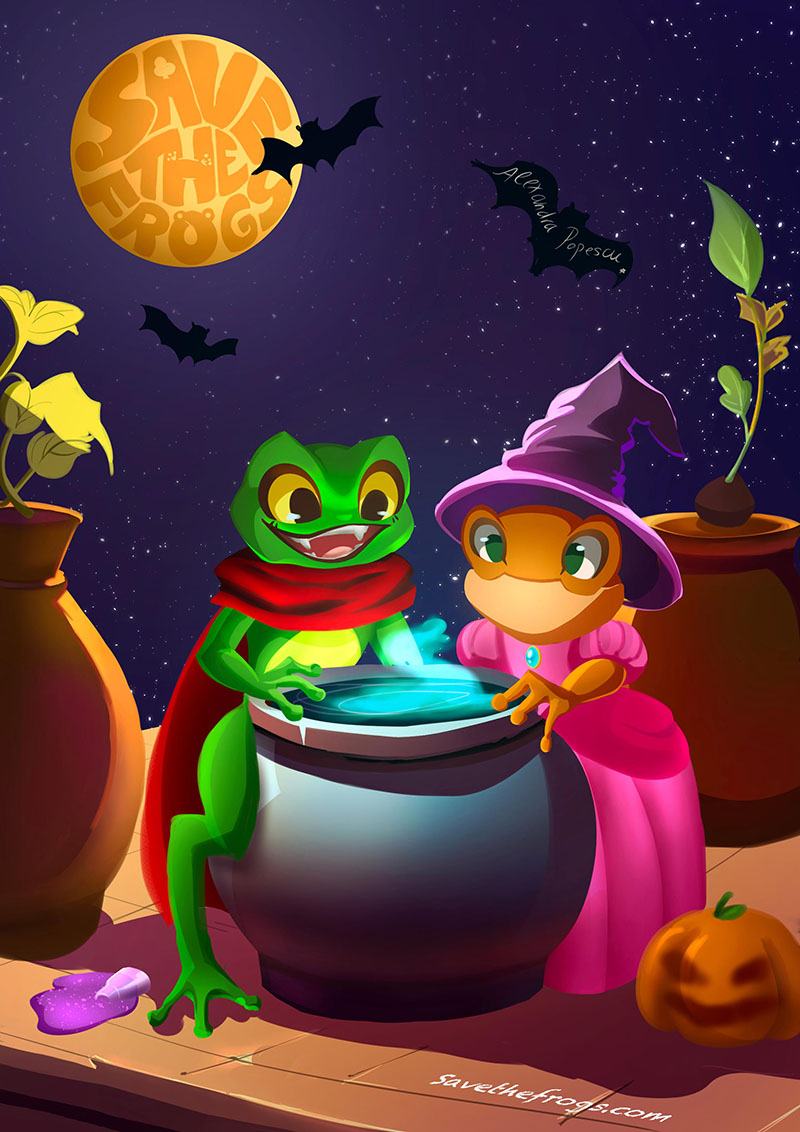 In moonlit ponds, frogs leap and creep,
Through shadows dark and waters deep.
With croaks and hops, they spread their cheer,
A spooky, froggy night draws near!
Happy Halloween, frog lovers!
Stay spooky and SAVE THE FROGS!

Frog art by Francesca from the 2023 STF! Art Contest