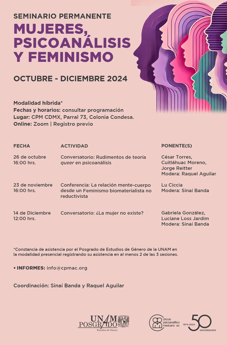 Te invitamos a la próxima sesión de nuestro Seminario Permanente.
🗓 23 de noviembre
🕓  4:00 p.m.
📍 Presencial: CPM CDMX, Parral 73, Colonia Condesa                                                             
💻 Online bit.ly/4eHnHad