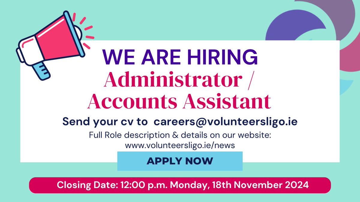 JOIN OUR TEAM!

We are currently seeking a motivated and detail-oriented Administrator/Accounts Assistant. 

For more info see our website
volunteersligo.ie/we-are-recruit…