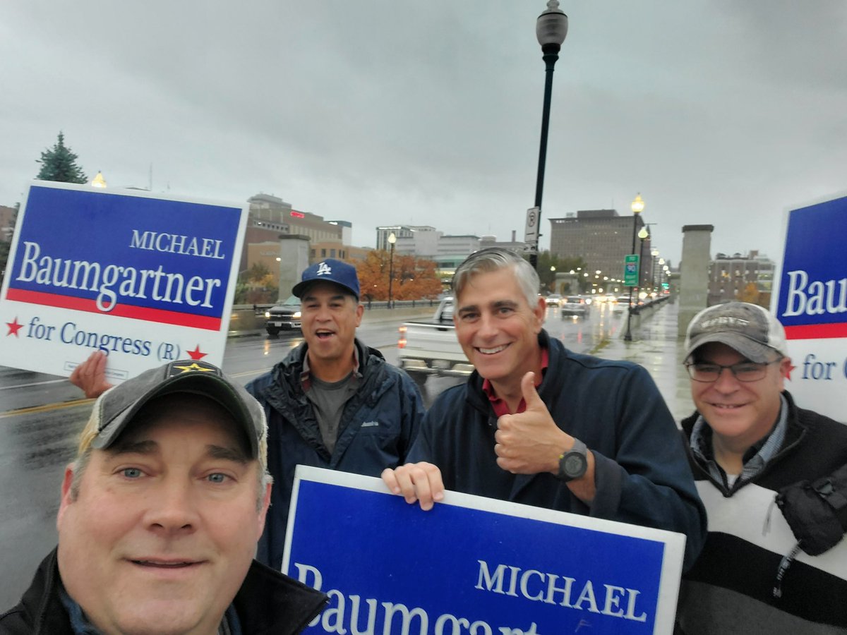 Rain or Shine - we’re waving signs! (Very special to be joined by three Iraq Vets - Chris “Freezer” Ferrez (USAF) and Dan Bisbee (Army) who were with me in while I was with State Dept in Baghdad for the Surge and Andrew Rowles (Army) who made multiple deployments to Mosul). Great