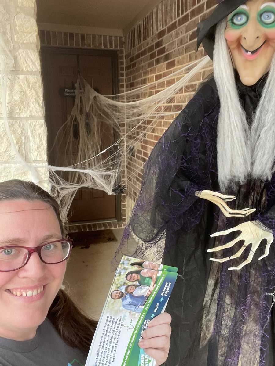 ErinForYall's tweet photo. Last night blockwalking in Uhland, I saw lots of spookiness, but nothing is scarier than four more years of Donald Trump and six more years of Ted Cruz.

Vote! Early voting continues today and tomorrow from 7am to 7pm! https://t.co/4hdWnebHoZ
