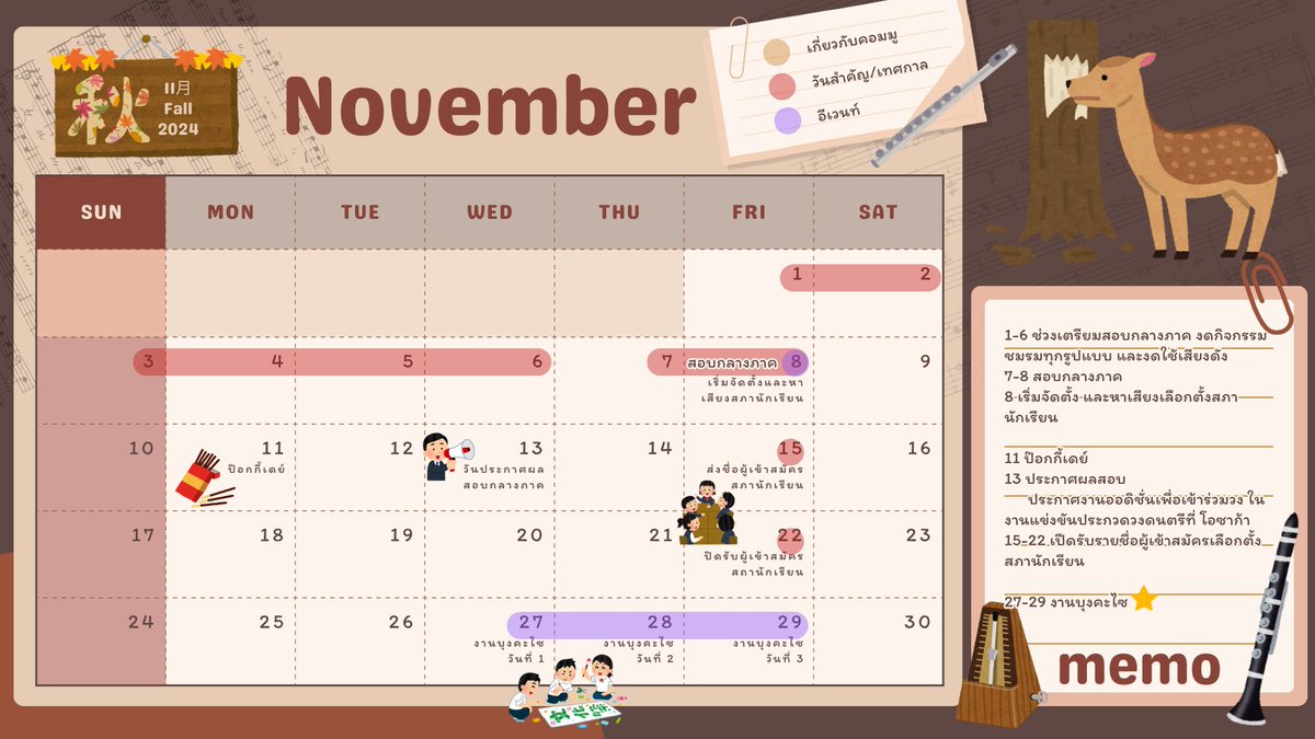 SRKreport's tweet photo. #srkcalendar
ฤดู : ใบไม้ร่วง
อุณหภูมิ 9-18 องศาเซลเซียส ใบไม้สีส้มแดงทั้งเมือง
นักเรียน : ชุดเครื่องแบบฤดูหนาว แขนยาว
อาจารย์ และชาวเมือง : เสื้อผ้าสำหรับฤดูใบไม้ร่วงตามความเหมาะสม
สอบกลางภาค : 7-8
อีเวนท์ภายในเดือนนี้
✦ ป๊อกกี้เดย์
✦ ออดิชั่นประกวด/ลงเลือกตั้งสภานร.
✦ บุงคะไซ https://t.co/s8RZHdu8Bx