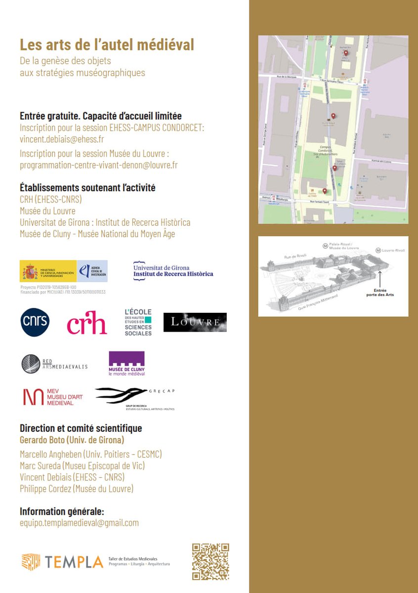 Programme du colloque consacré à LES ARTS DE L'AUTEL MÉDIÉVAL ,  qui se déroulera du 3 au 5 février à Paris, en collaboration  avec Universitat de Girona-Institut de Recerca Històrica, CRH  (EHESS-CNRS), Musée du Louvre et Musée de Cluny-Musée National du Moyen  Âge.