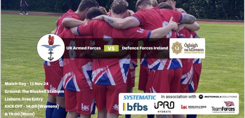 UKAF Football (@ukarmedforcesfa) on Twitter photo Here we go…..
🇬🇧 UKAF v 🇮🇪 <a href="/defenceforces/">Óglaigh na hÉireann</a>
🗓️ Wed 13th Nov 24
⏰ 1900 KO
🏟️ Bluebell Stadium, Belfast
🎟️ Free with registration via eventlist.store/bsa/bsaukaf?ft…
📺 Live Coverage on <a href="/BFBSSport/">BFBS Sport</a> <a href="/ForcesNews/">BFBS Forces News</a>
#threeteamsasone 🇬🇧
<a href="/cashrangers/">Ballymacash Rangers</a> <a href="/MotSolsEMEA/">Motorola Solutions | EMEA</a> Here we go…..
🇬🇧 UKAF v 🇮🇪 <a href="/defenceforces/">Óglaigh na hÉireann</a>
🗓️ Wed 13th Nov 24
⏰ 1900 KO
🏟️ Bluebell Stadium, Belfast
🎟️ Free with registration via eventlist.store/bsa/bsaukaf?ft…
📺 Live Coverage on <a href="/BFBSSport/">BFBS Sport</a> <a href="/ForcesNews/">BFBS Forces News</a>
#threeteamsasone 🇬🇧
<a href="/cashrangers/">Ballymacash Rangers</a> <a href="/MotSolsEMEA/">Motorola Solutions | EMEA</a>