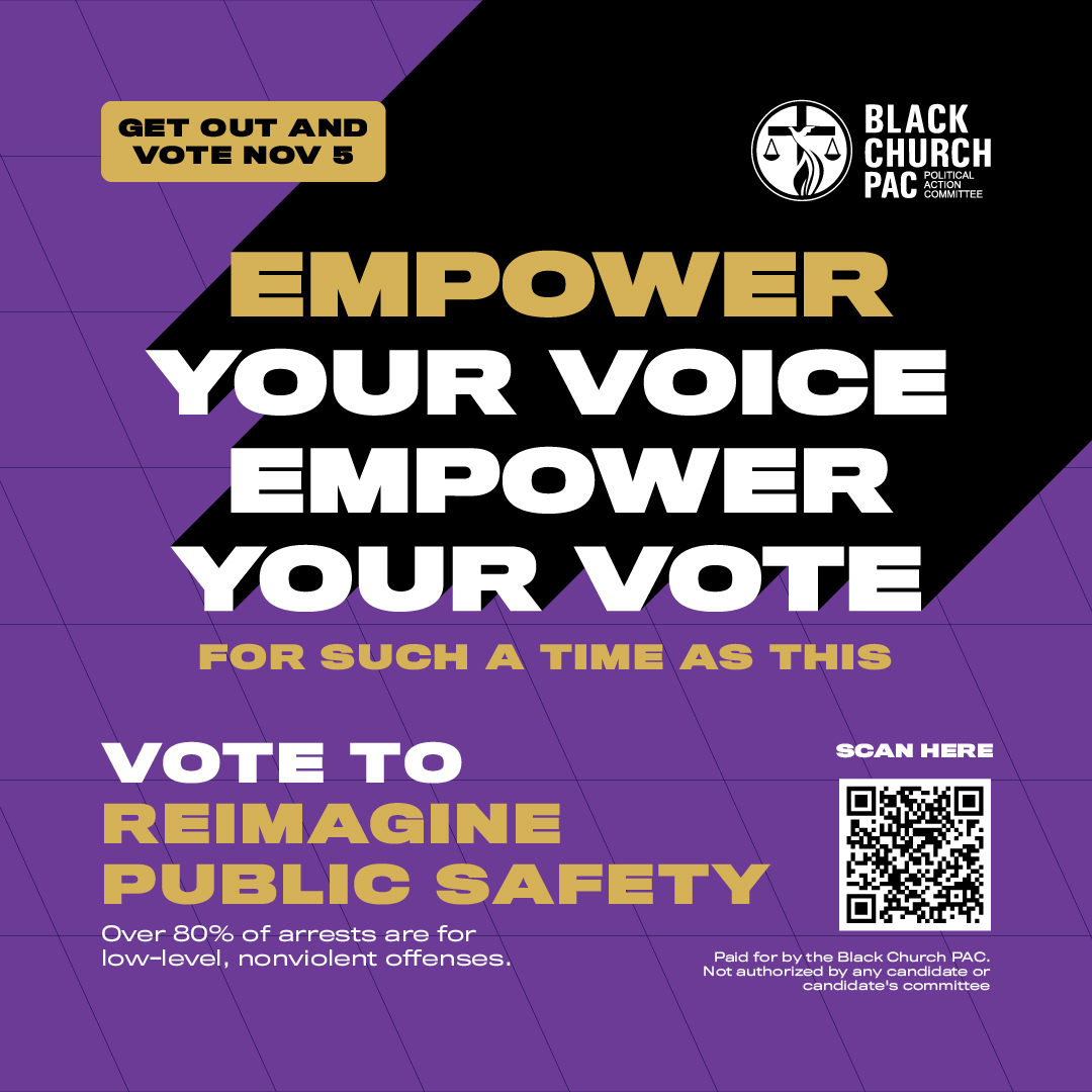 This November 5th, we have the power to Reimagine Public Safety for our communities. 🙌🏾 Over 80% of arrests target low-level, nonviolent offenses—it's time for a change. 🖤✊🏾

📲 Scan the QR code to learn more and get involved.  #BlackChurchPAC #VoteForChange
