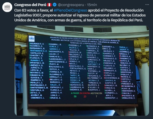 Congreso de Perú autoriza entrada de tropas militares de los EEUU en su territorio...  dan vergüenza esos tan felices siendo colonizados en "nombre de la democracia" o "la lucha contra el crimen organizado", pronto también vendrá Ecuador dejando entrar gringos en las Galápagos.