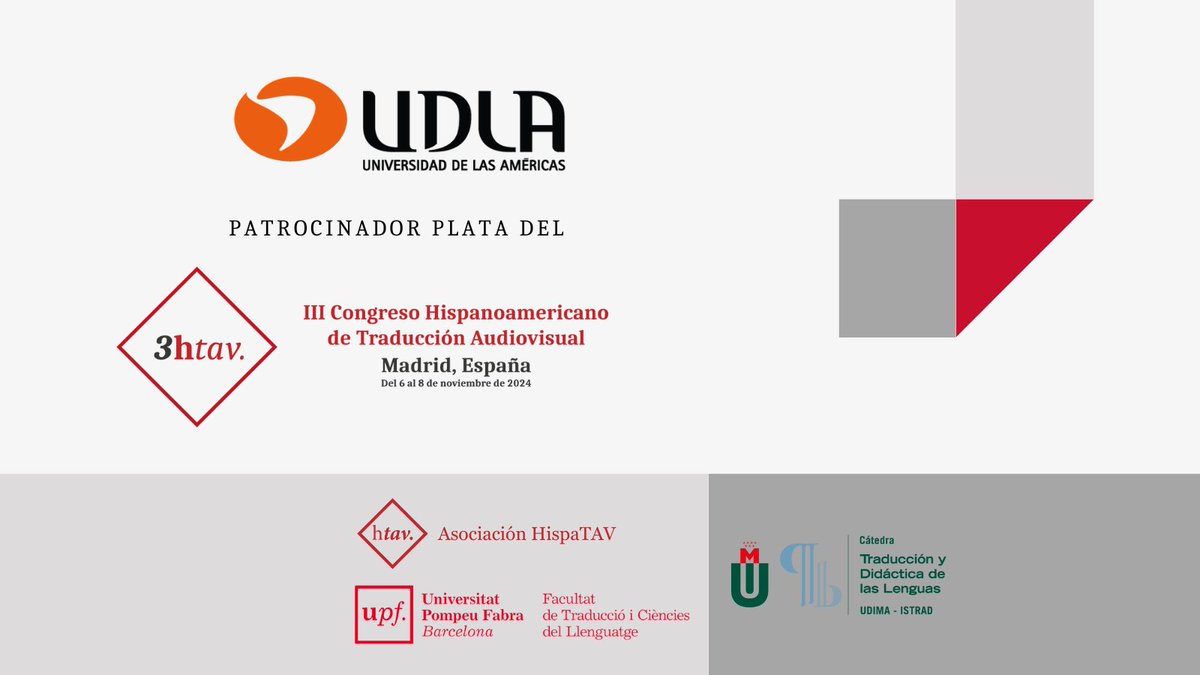 HispaTAV's tweet photo. El III Congreso Hispanoamericano de Traducción Audiovisual tiene la alegría de contar con el patrocinio plata de la Universidad de las Américas (UDLA) de Chile.

¡Muchas gracias, @UDLA_CL!

Inscripciones: https://t.co/Hs6Azx4ixz

#HispaTAV3 https://t.co/IN5Xvqp0Oq