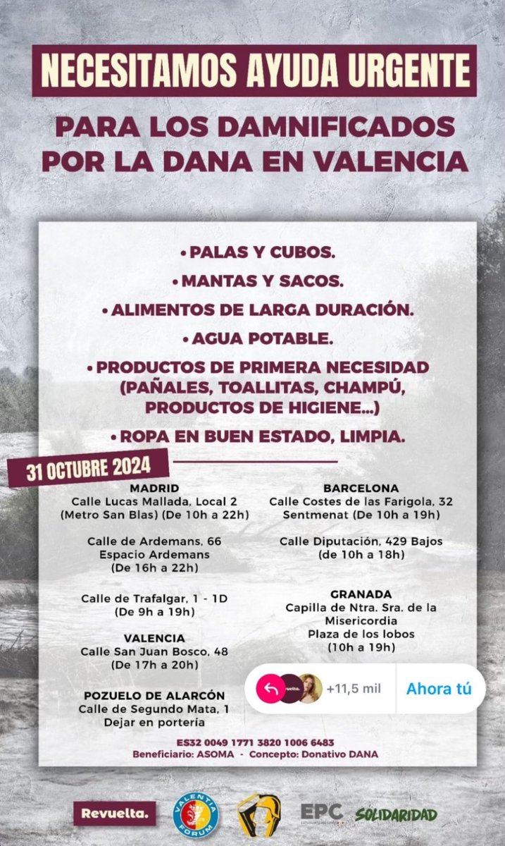 ___sinmas's tweet photo. ⚠️ PUNTOS DE RECOGIDA EN MADRID, VALENCIA, POZUELO, BARCELONA, GRANADA Y ALICANTE ⚠️ 
#DANA #INUNDACIÓN #valencia https://t.co/0YoIUHQRrf