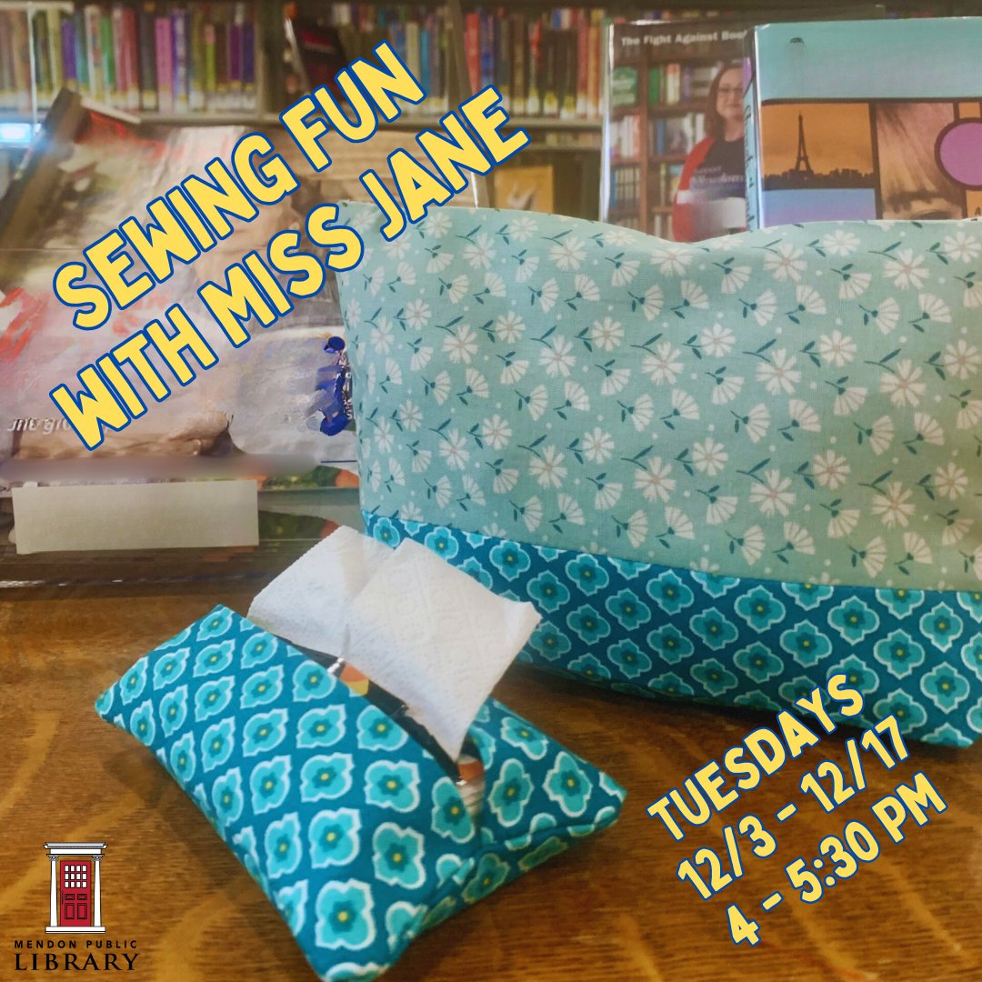 Fourth graders through high school students: join us on Tuesday afternoons from 4 pm - 5:30 pm, to learn the basics of Machine Sewing with Miss Jane. 

Register: calendar.libraryweb.org/event/13286157

#mpl #mendonpubliclibrary #hfl #honeoyefalls #mendonny #hflmendoncommunity #limany #rushny