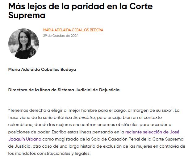mayaceballos3's tweet image. Pasen a leer mi columna sobre cómo las recientes selecciones de la Sala de Casación Penal de la @CorteSupremaJ evidencian los obstáculos enormes que enfrentan las mujeres para acceder a las cúpulas judiciales en Colombia.