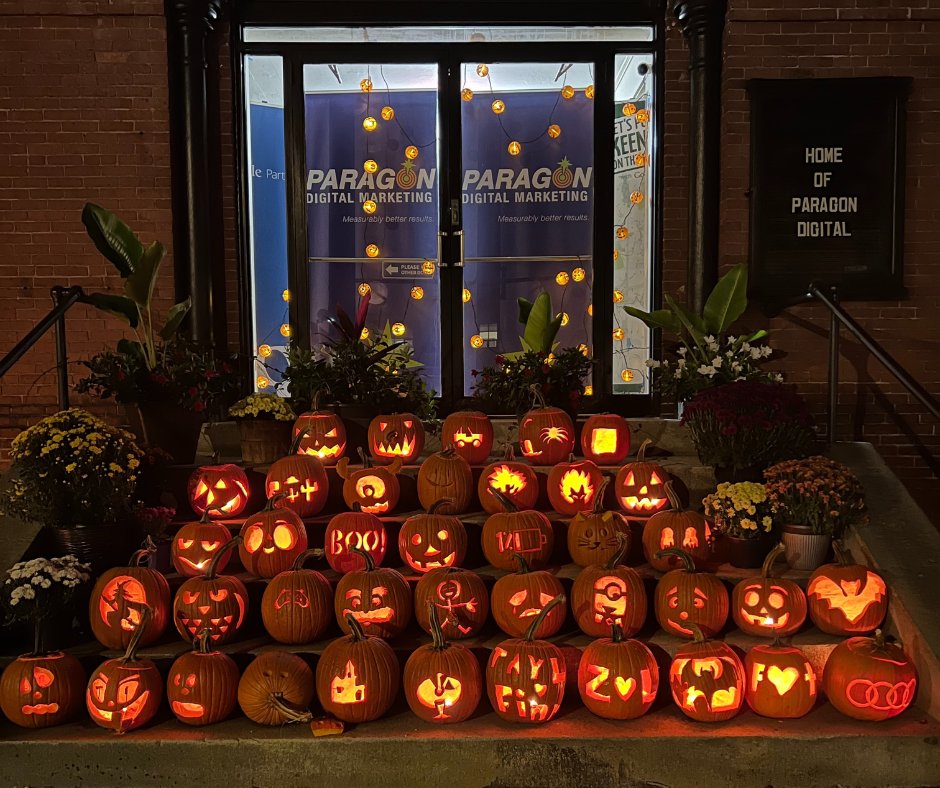 Happy Halloween from the team at Paragon! 🎃 We're missing the glow of our 40 carved pumpkins from our annual Pumpkin Lobotomy. Our stairs look so empty without them! Which pumpkin is your favorite? #paragondigital #pumpkincarving #keenenh #funplacestowork #halloween