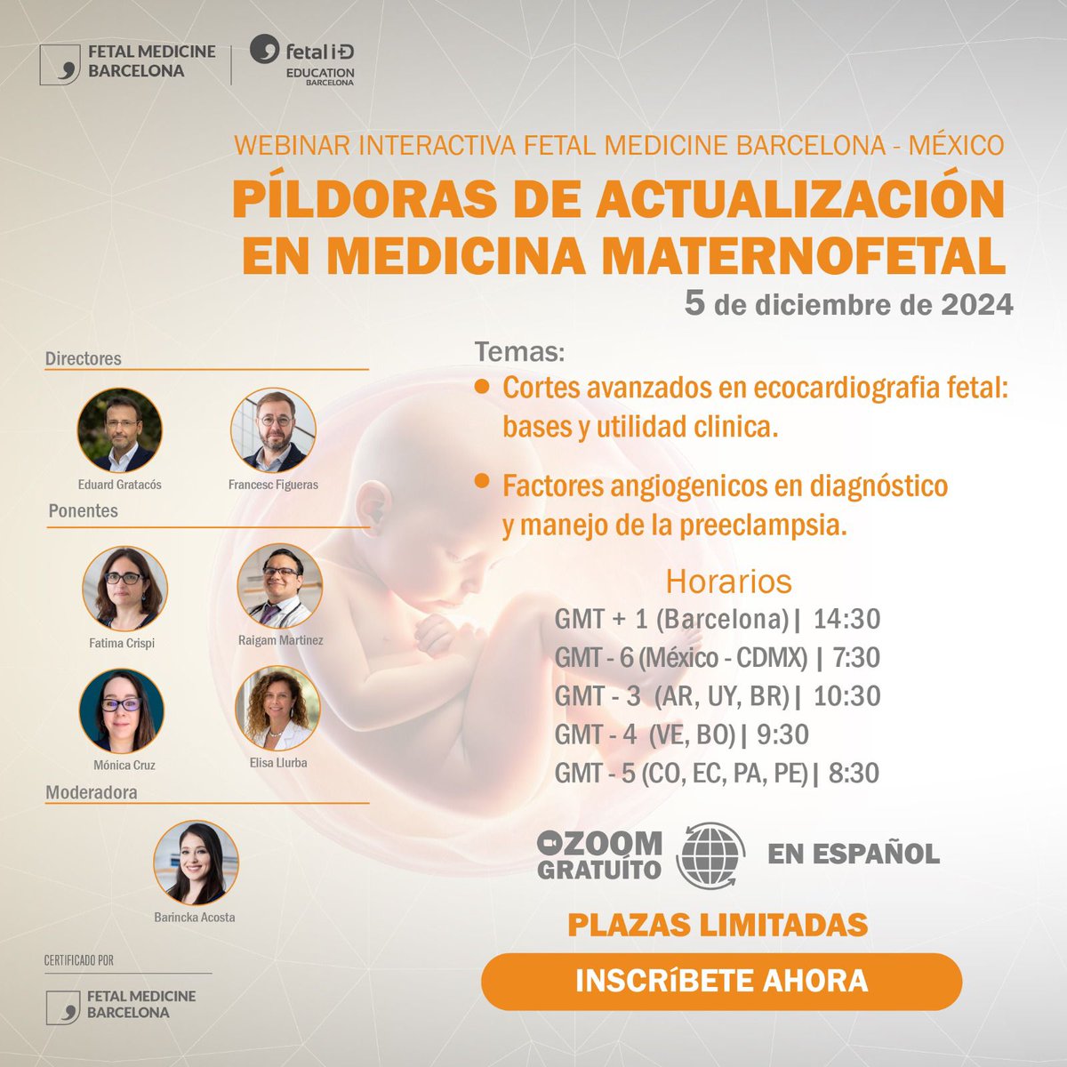 Eduard Gratacós (@gratacoseduard) on Twitter photo Webinar gratuito
📆 5 diciembre 2024; 2:30 pm (hora España)
🎓Ponentes: Fatima Crispi, Raigam Martínez, Mónica Cruz y Elisa Llurba
🎓Certificado por <a href="/medfetalBCN/">Fetal Medicine Barcelona</a>
🔗 lnkd.in/d-tbCXh2
✍️ Inscríbete ahora: bit.ly/3YvAjuo Webinar gratuito
📆 5 diciembre 2024; 2:30 pm (hora España)
🎓Ponentes: Fatima Crispi, Raigam Martínez, Mónica Cruz y Elisa Llurba
🎓Certificado por <a href="/medfetalBCN/">Fetal Medicine Barcelona</a>
🔗 lnkd.in/d-tbCXh2
✍️ Inscríbete ahora: bit.ly/3YvAjuo