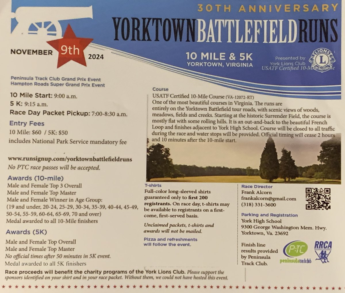 A Reminder - the Yorktown Battlefield 10 Miler &amp; 5K is coming up on Saturday, November 9, 2024.