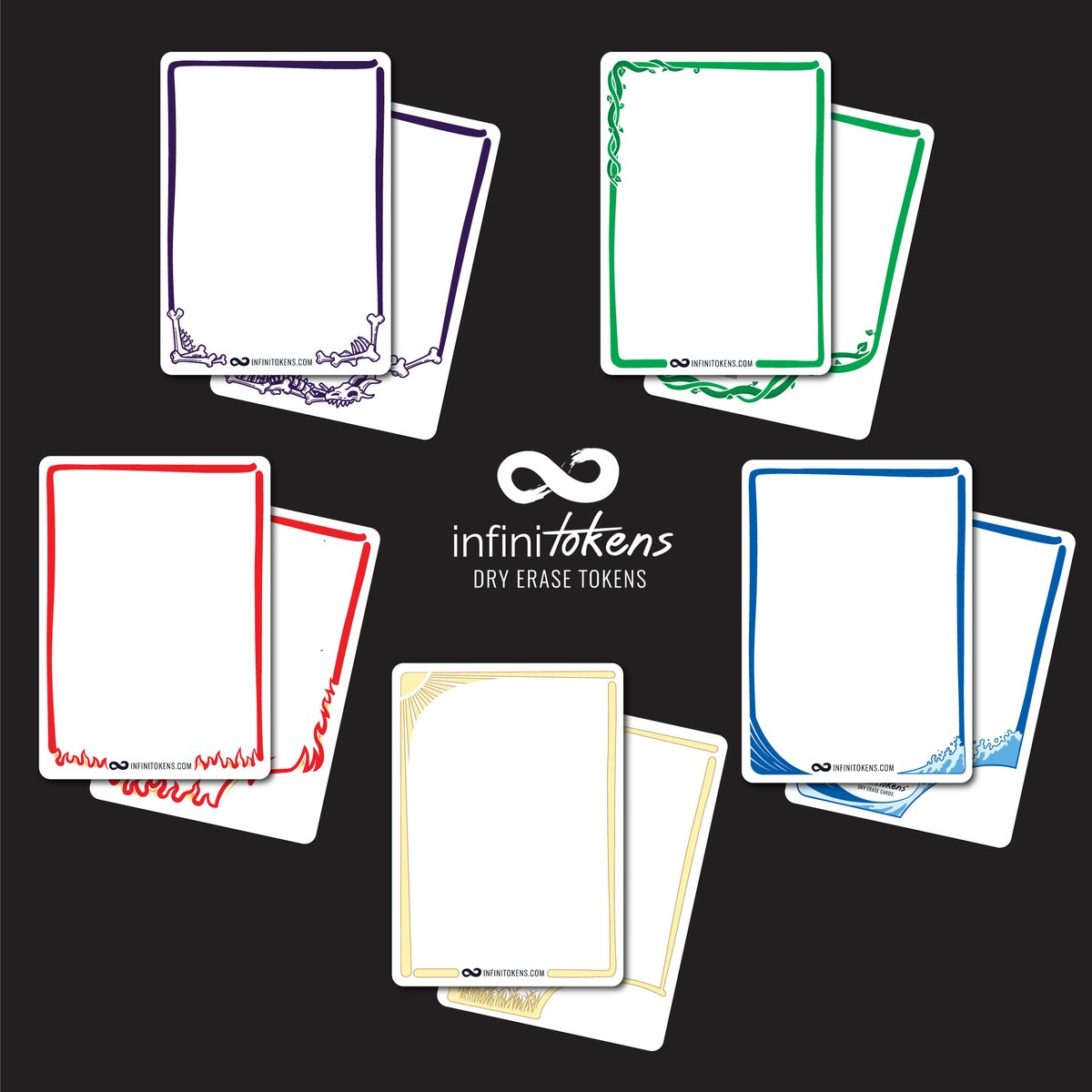 The exciting news you didn't know you were waiting for: COLOR INFINITOKENS ARE COMING!

Each color has its own unique themed design, and the 25-packs come with 5 double-sided cards of each color.

See below for the link to the announcement and more details!