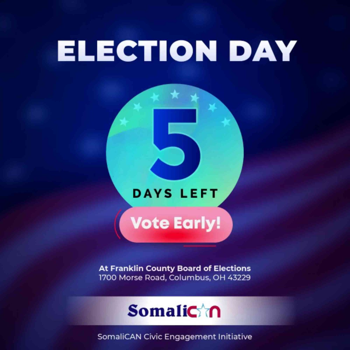 On 10/31/2024 and 11/01/2024, you can vote early at the Franklin County Early Voting Center located at 1700 Morse Road between the hours of 7:30am - 7:30pm. Go vote. Your vote is your voice!