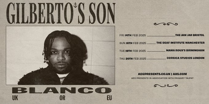 💫Blanco, the rapper &amp; drill artist confirms UK &amp; Ireland shows for February 2025,

Bristol The Jam Jar, 14 Feb
Dublin Academy 2, 15
Manchester The Deaf Institute, 16
Birmingham Mama Roux’s, 18
London Corsica Studios, 20

Tickets on sale at 10am from
ticketmaster-uk.tm7559.net/dabxPy