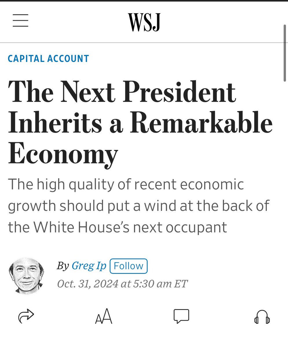 Trump 2 days ago: “Our economy is not, this is just, it's like a fake economy." 

The WSJ today: “With another solid performance in the third quarter, the U.S. has grown 2.7% over the past year. It is outrunning every other major developed economy, not to mention its own