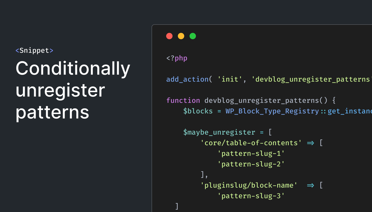 rysulofficial's tweet image. 🌟 Learn How to Conditionally Unregister Block Patterns with This Handy Snippet! 🌟

Are you looking to streamline your WordPress block editor experience?

✅Learn More: cutt.ly/MeFVkHIm

#WordPress #BlockPatterns #WebDevelopment #WordPressTips #Coding #PHP