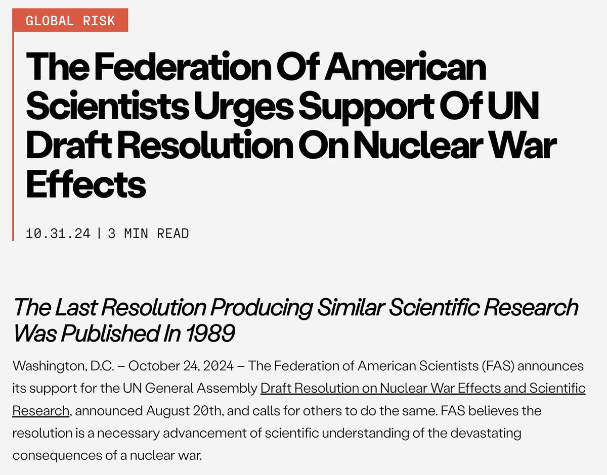Whether people support or oppose nuclear weapons, they deserve to know what the consequences of nuclear use are.

FAS supports the UN Resolution on Nuclear War Effects and Scientific Research.

Full statement below ⤵️
