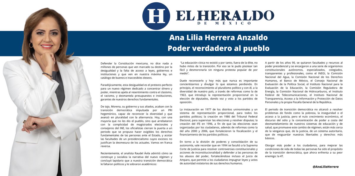 Hoy, con una mayoría que no les dio el pueblo, sino que arrebataron, el oficialismo acaba con la transición democrática y le cierra la puerta a un periodo que se propuso hacer exigibles los derechos de las personas ante el Estado.

✍️ <a href="/heraldodemexico/">El Heraldo de México</a>:
heraldodemexico.com.mx/opinion/2024/1…