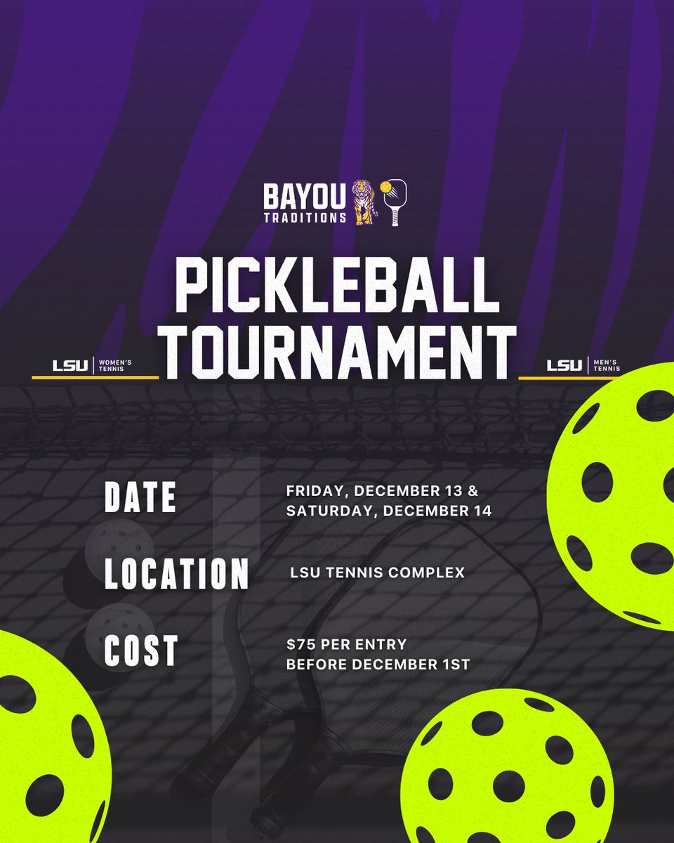 Calling all pickleballers 😎 Mark your calendars for our indoor Pickleball Tournament on Dec. 13th &amp; 14th! 

All proceeds benefit LSU tennis student-athletes. 

Register today 🔗 globalpickleball.network/pickleball-tou…